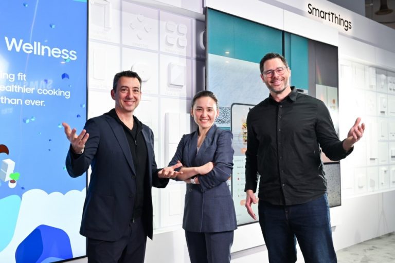 Federico Casalegno, Executive Vice President of Design, Head of Samsung Design Innovation Center; Mark Benson, Head of Samsung SmartThings U.S.; and Inhee Chung, Vice President of the Corporate Sustainability Center at CES 2023